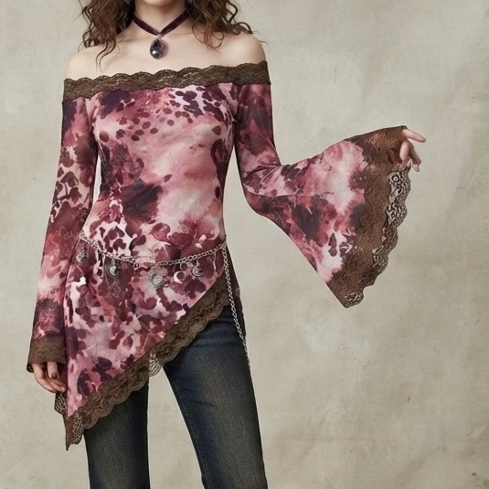 y2k lace Top Floral Asymmetric Mesh Bell Sleeve Pink Brown fairycore whimsigoth